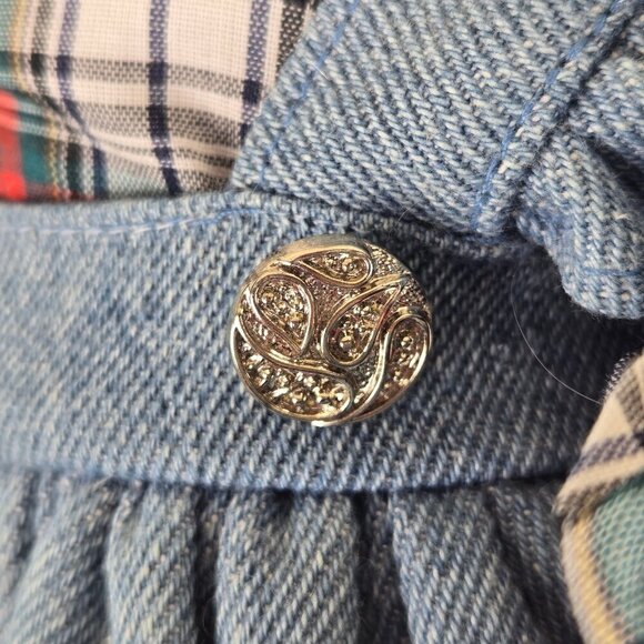 Vintage Delton Porcelain Doll Blue Eyes Blond Ringlets Denim Jumper Plaid Dress - Picture 15 of 16